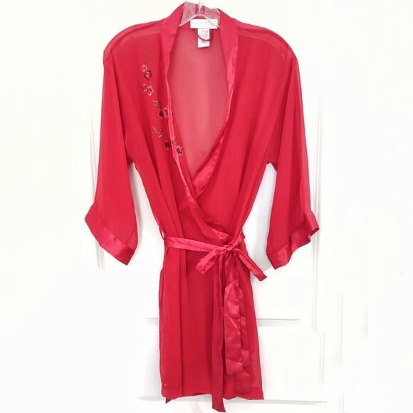 Val Mode Lingerie Red Robe Sheer Chiffon LS Knee Length Open Front Satin Belt Vi - Picture 3 of 10